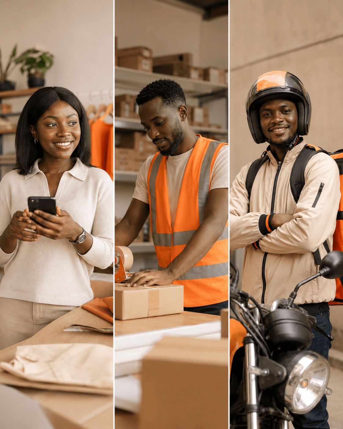 Three Relay users: a merchant on her phone, a fulfillment-center operator packing an order, and a dispatch rider