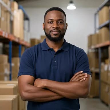 Portrait of a Nigerian fulfillment center operator standing in his warehouse