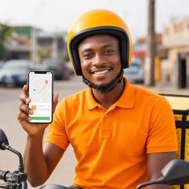 Portrait of a Nigerian dispatch rider in orange polo with helmet, holding a phone showing a delivery map