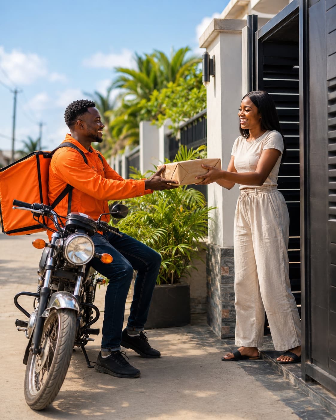A delivery rider handing a parcel to a beaming customer at her door on a Lagos street