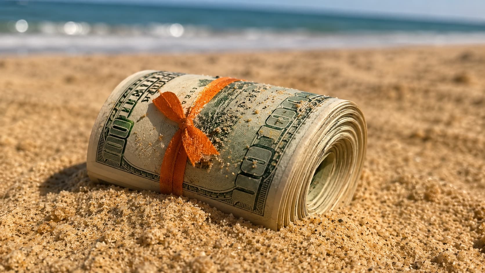 A roll of cash tied with an orange band — your earnings, always counted