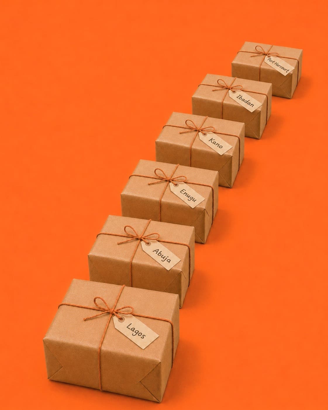A stream of kraft-paper parcels passing themselves along a line
