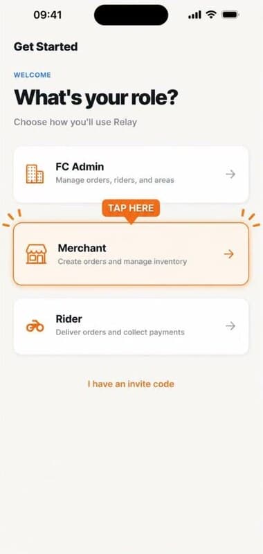 Relay role picker screen with Merchant card highlighted